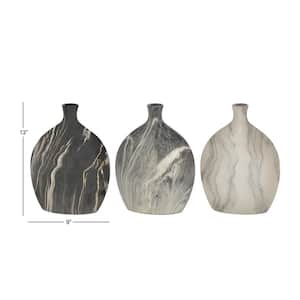 9 in., 10 in. Black Faux Marble Ceramic Decorative Vase (Set of 3)