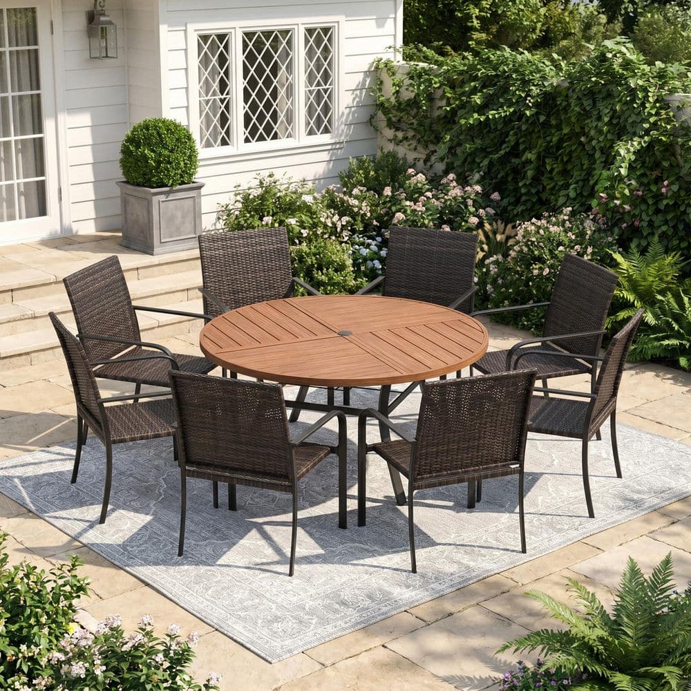 9-Piece Metal Outdoor Dining Set with 53.1 in. Walnut Round Patio Table and 8 Rattan Stackable Dining Chairs in Brown price history on PriceWatchPro