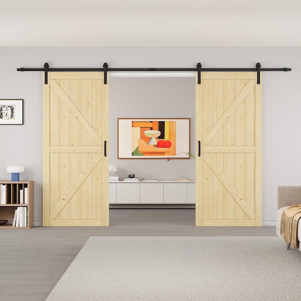72 in. x 84 in. Paneled K Shape Solid Pine Unfished Wood Sliding Barn Door Slab with Installation Hardware Kit
