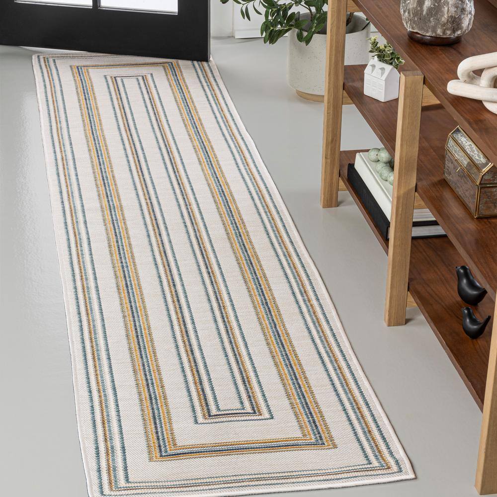 Navy and Cream Flat Woven Synthetic Reversible Runner Rug, 2 x 8