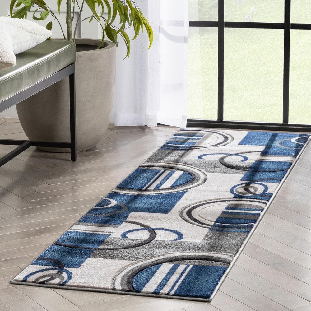 Dark Blue Geometric Synthetic Runner Rug 2'7" x 7'3"