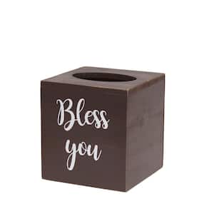 Brown Wooden Decorative Tissue Box with "Bless you" Script in White and Sliding Base for Vanity, Bathroom, Bedroom