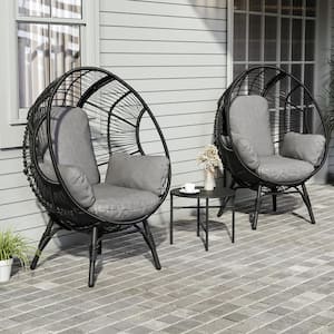 3-Pieces Black Wicker Outdoor Patio Egg Lounge Chair with Side Table and Gray Cushion