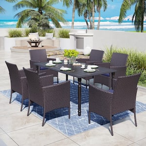 Black 7-Piece Metal Patio Outdoor Dining Set with Slat Table and Rattan Chairs with Blue Cushion