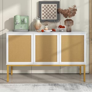 White MDF 53.9 in. Sideboard with Adjustable Shelves and 3-Rattan Doors