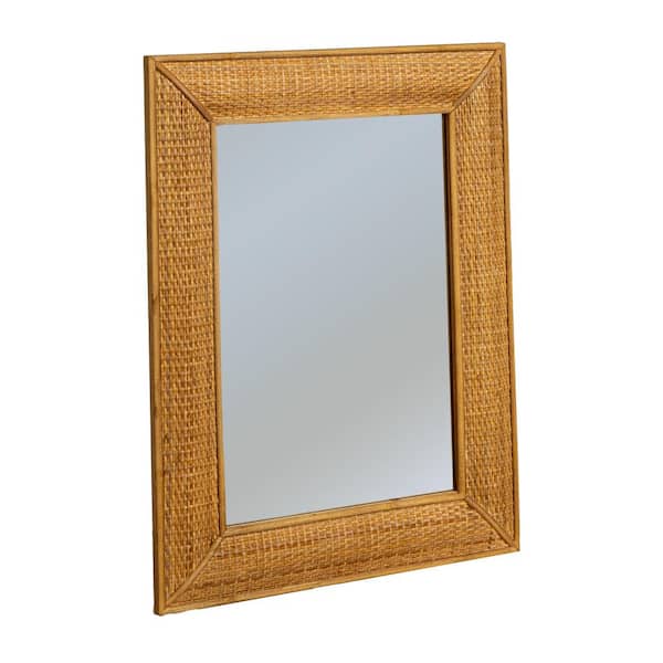Storied Home 20 in. W x 26.37 in. H Wood Framed Brown Finish Decorative Mirror with Rattan Detail
