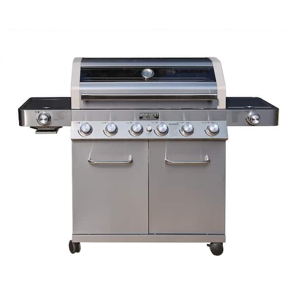 Monument Grills 6-Burner Propane Gas Grill in Stainless with ClearView Lid, LED Controls, Smoke Box, Side and Sear Burners