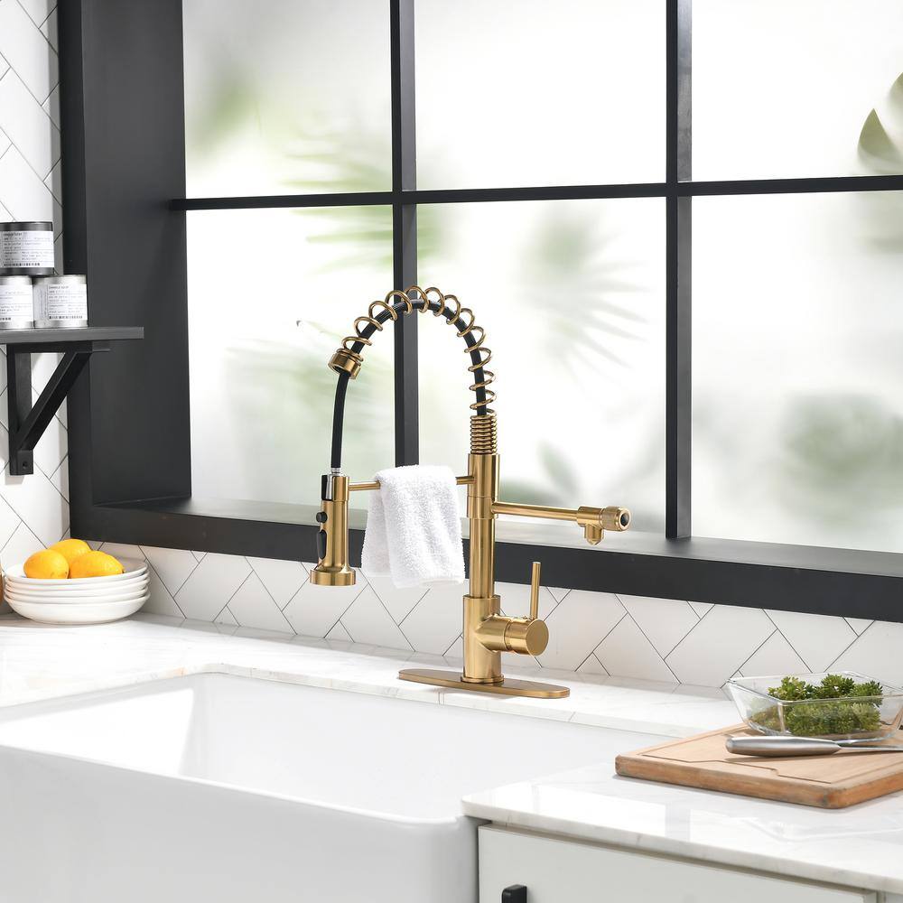 Brushed Gold Commercial Pull-Down Kitchen Faucet with Spray