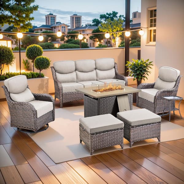 MoonLuxe Brown Wicker Fire Pit Conversation Set with Beige Olefin 6 in. Thick Cushions Patio Swivel Chairs (7-Piece)