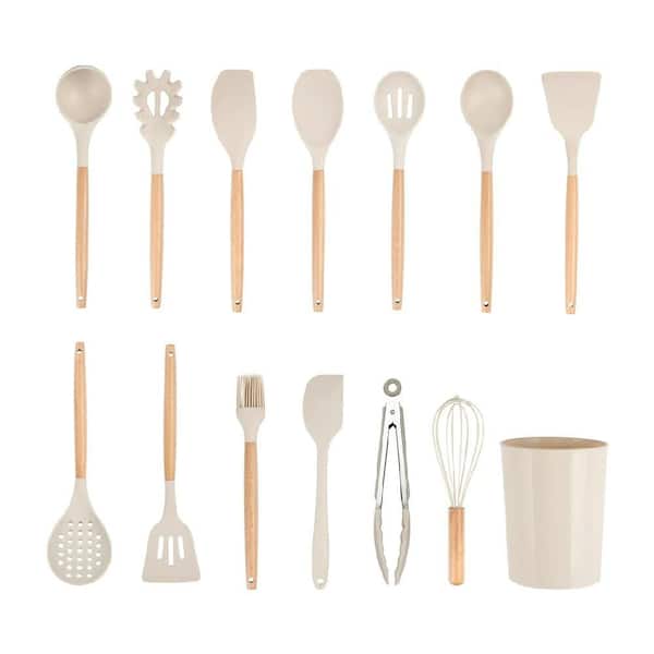 14-Piece Kitchen Cooking Tools Utensil Set with Caddy, Wooden Handle, Nonstick Silicone and Heat-Resistant, Beige