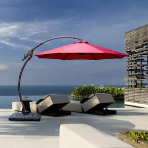 11 ft. Aluminum Cantilever Tilt Patio Umbrella in Crimson With Base UV-Protection for Outdoor Table Deck Pool