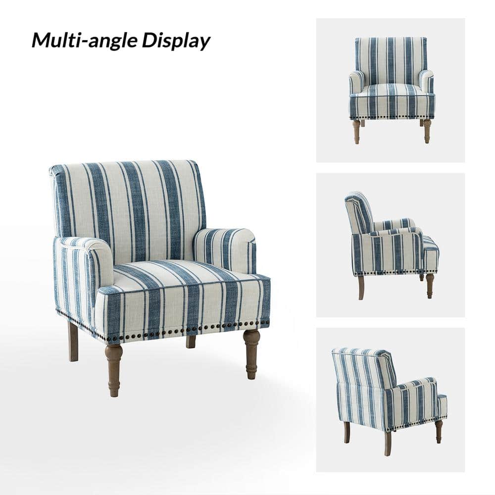 Navy and White Striped Polyester Accent Chair with Wooden Legs