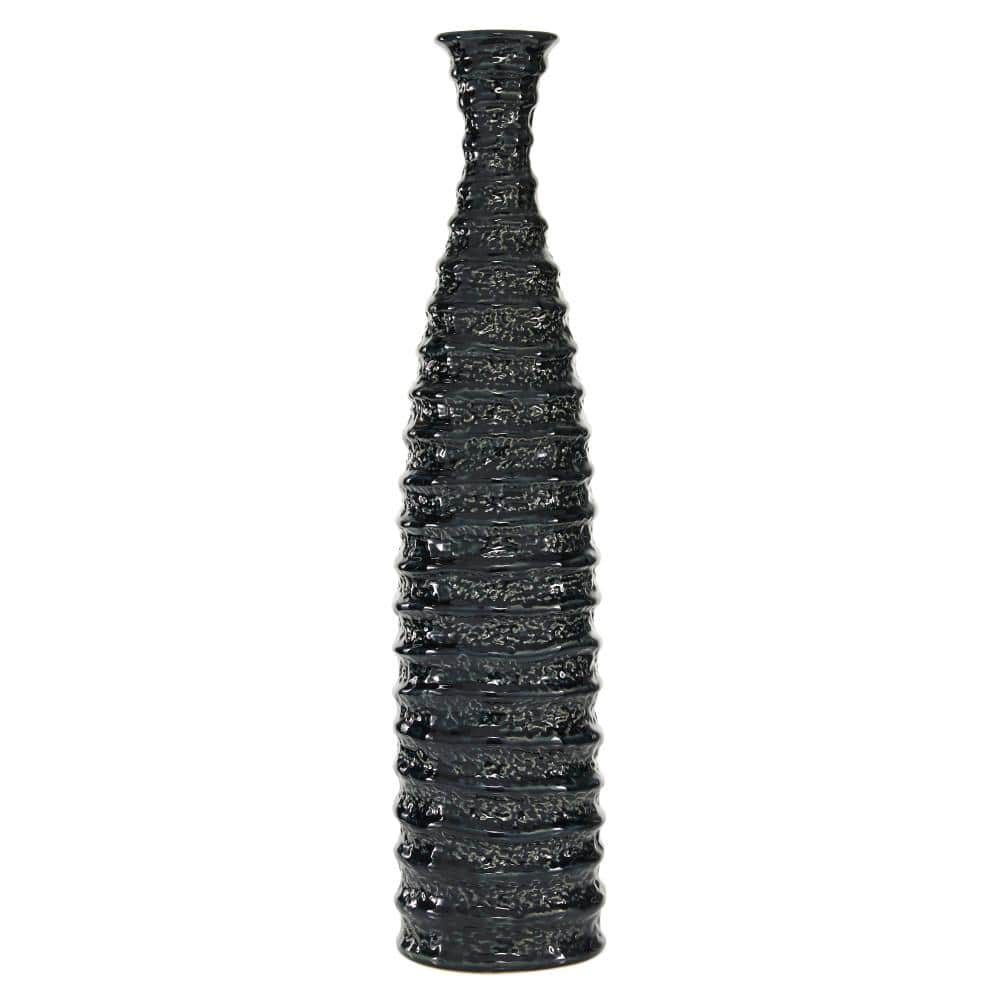 Tall Black Rippled Ceramic Floor Vase