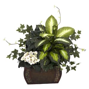 20 in. Artificial H Green African Violet, Dieffenbachia and Ivy with Chest Silk Plant