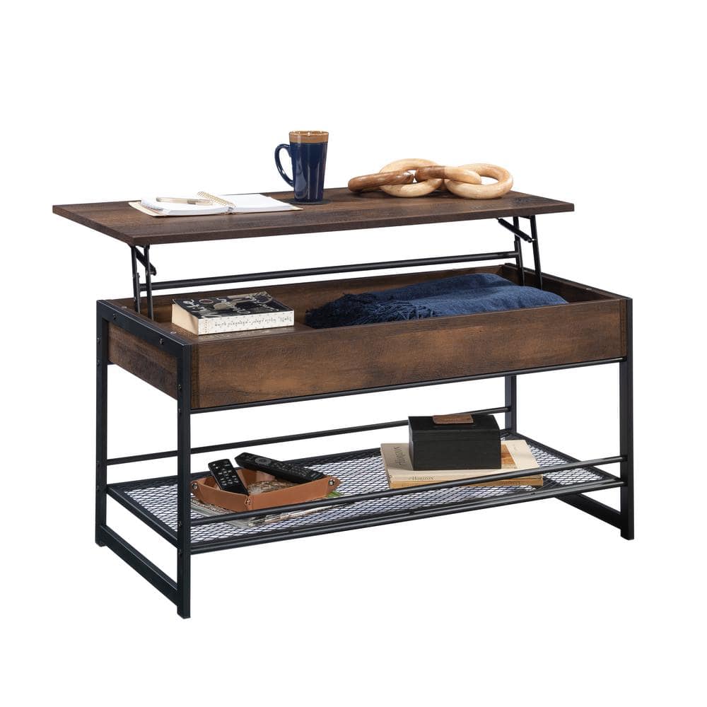 Medium Oak and Metal Lift-Top Coffee Table with Storage