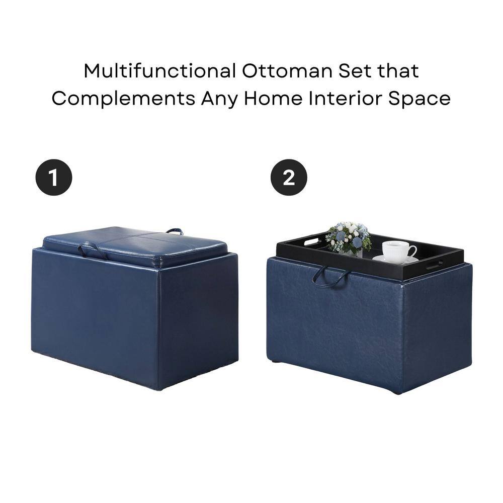 Blue Tufted Faux Leather Storage Ottoman with Tray
