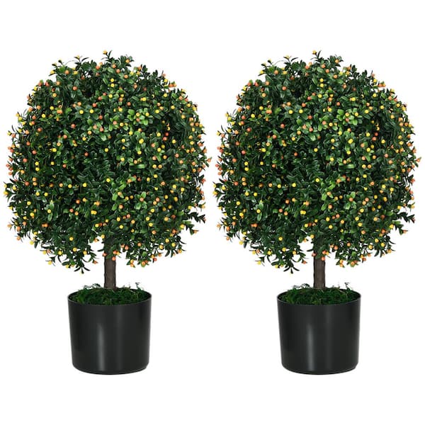 HOMCOM 1.7 ft./20.75 in. Green Artificial Ball Boxwood Topiary Trees with Fruit and Plant Pot, Indoor Outdoor (Set of 2)
