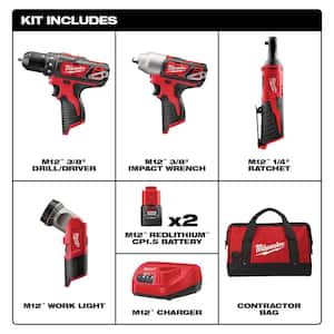 M12 12V Lithium-Ion Cordless Combo Tool Kit (4-Tool) with (2) 1.5 Ah Batteries, (1) Charger, (1) Tool Bag