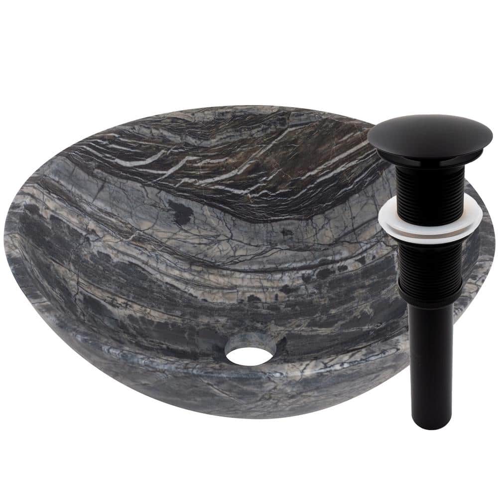 Novatto Stone Vessel Sink in Black Lunar Marble with Umbrella Drain in