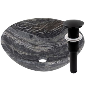 Stone Vessel Sink in Black Lunar Marble with Umbrella Drain in Matte Black