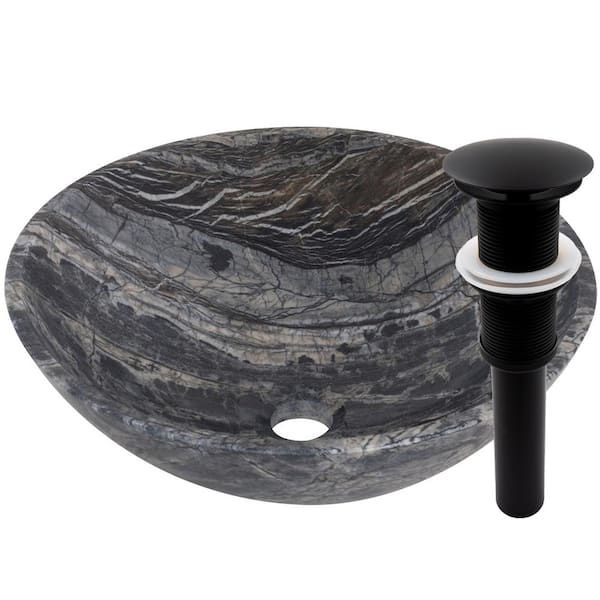 Novatto Stone Vessel Sink in Black Lunar Marble with Umbrella Drain in Matte Black