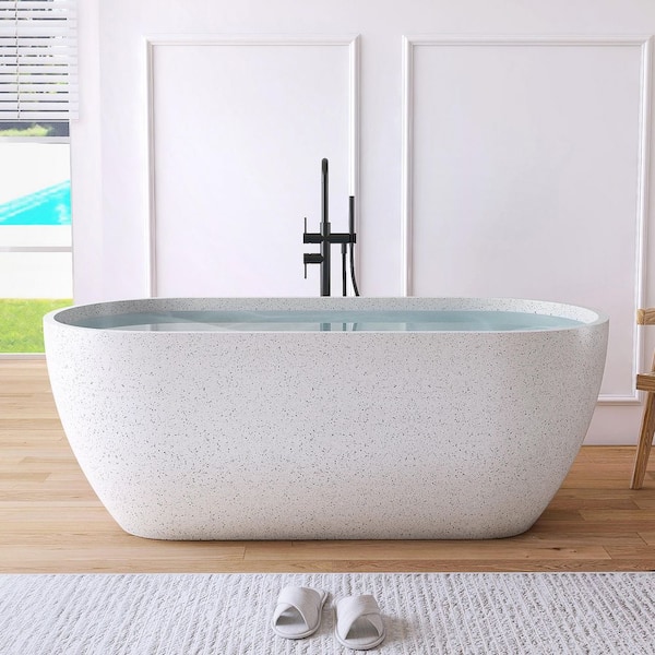 63 in. x 31 in. Terrazzo Stone Solid Surface Flatbottom Freestanding Soaking Bathtub in White (Outdoor-Compatible)