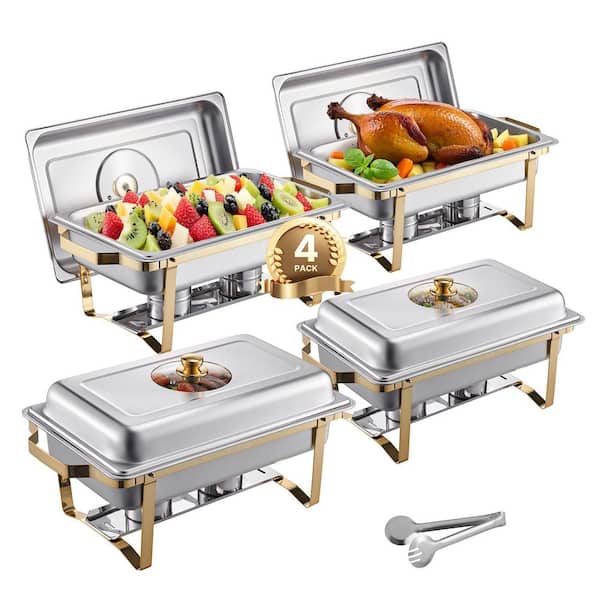 Chafing Dish Buffet Set 8 qt. Stainless Steel Chafer 4-Pack Buffets with 4-Full Size Pans, Rectangular Food Warmer