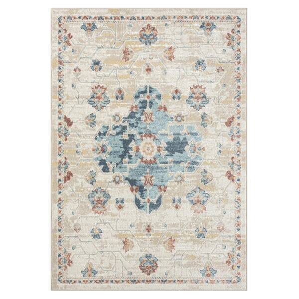 Unbranded Iviana Ivory/Blue/Multicolor 7 ft. 10 in. x 9 ft. 10 in. Contemporary Power-Loomed Medallion Rectangle Area Rug