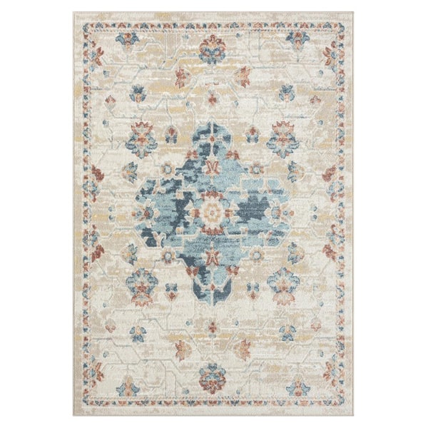Unbranded Iviana Ivory/Blue/Multicolor 2 ft. 8 in. x 8 ft. Contemporary Power-Loomed Medallion Rectangle Area Rug
