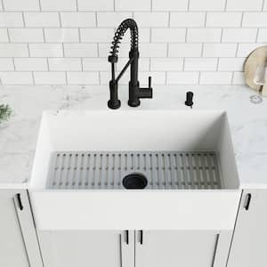 Matte Stone 33" Single Bowl Farmhouse Apron Front Undermount Kitchen Sink with Faucet in Matte Black and Accessories