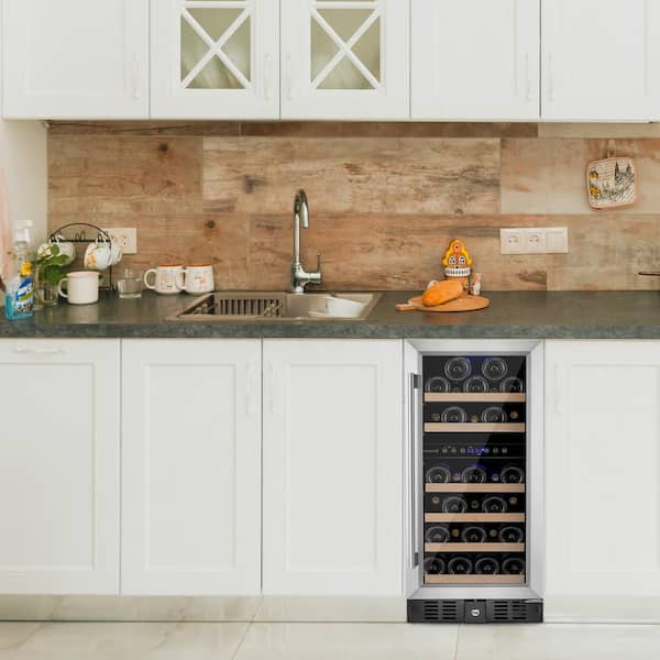 15 in. Dual Zone 32-Bottle Built In Wine Cooler in Stainless Steel with Digital Control and Double Layer Tempered Glass