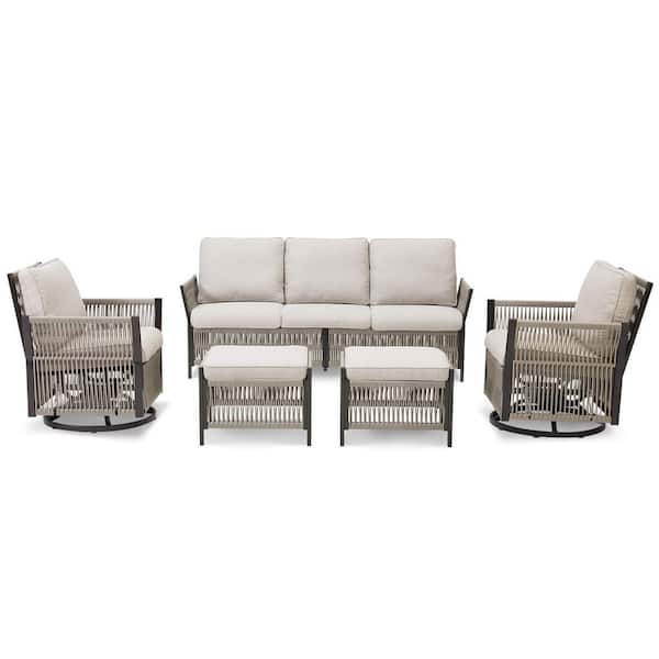 5-Piece Wicker Patio Conversation Set with Beige Cushions, Handwoven Wicker
