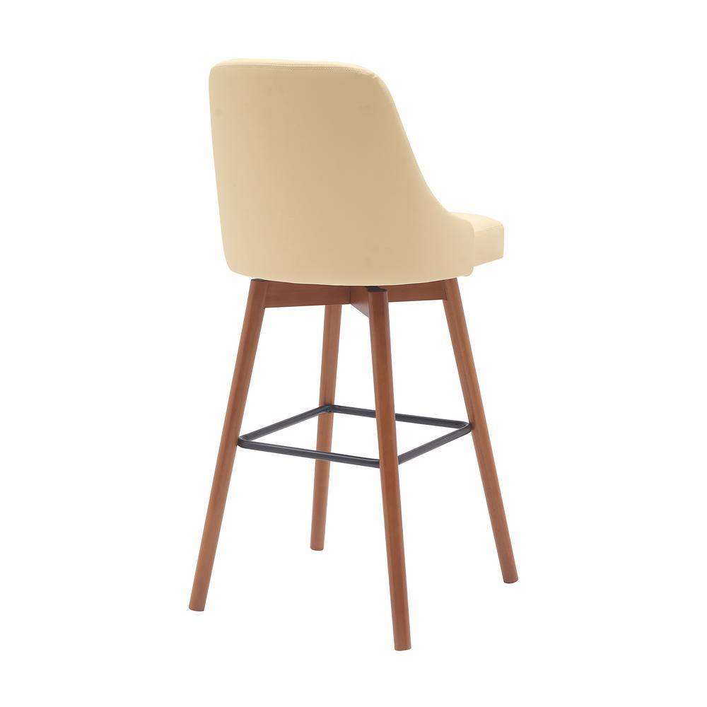 Sicily 30" Cream Faux Leather Walnut Wood Swivel Bar Stool