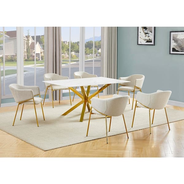 Best Quality Furniture Riley 7-Piece White Marble Wrap Glass Top Gold Chrome Iron Legs Dining Set with 6 Beige Linen Chairs
