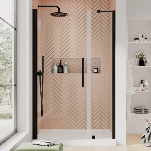 OVE Decors Pasadena 48 in. L x 34 in. W x 75 in. H Alcove Shower Kit with Pivot Frameless Shower Door in ORB and Shower Pan