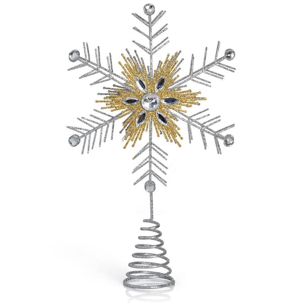 ORNATIVITY Glitter Snowflake Tree Topper - Silver and Gold Bare Branches Sparkling Gem Christmas Star Tree Top Decor