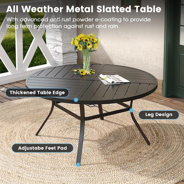 9-Piece Metal Outdoor Dining Set with 59.8 in. Black Round Dining Table and 8 Blue Textilene Swivel Patio Chairs