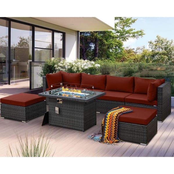 FINCATI 7-Piece Charcoal Wicker Patio Fire Pit Conversation Sectional Deep Seating Sofa Set with Dark Red Cushions