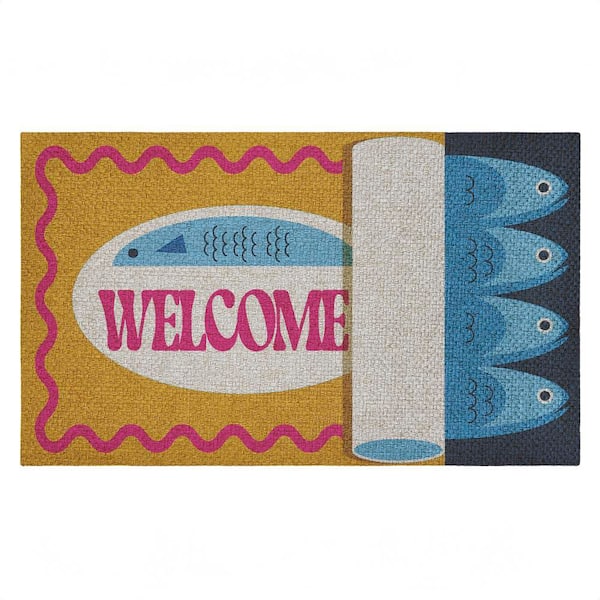 Welcome Retro Tuna Can Yellow 18 in. x 30 in. Polyester Non-Slip Outdoor Door Mat