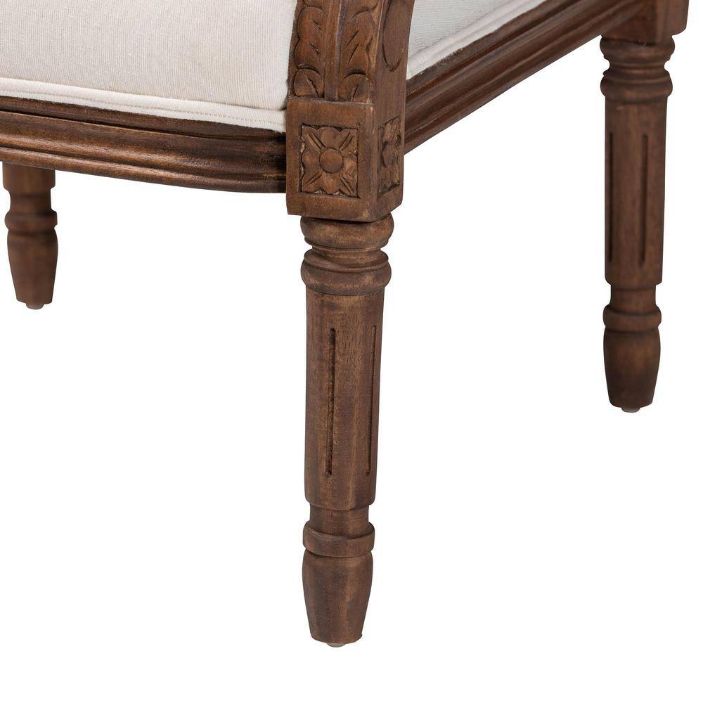 Beige Fabric and Walnut Wood Swoop Arm Accent Chair
