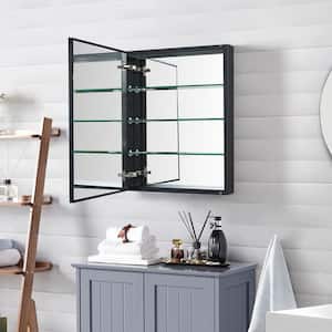 19 in. W x 30 in. H Black Aluminum Recessed/Surface Mount Bathroom Medicine Cabinet with Mirror, 3 Glass shelves