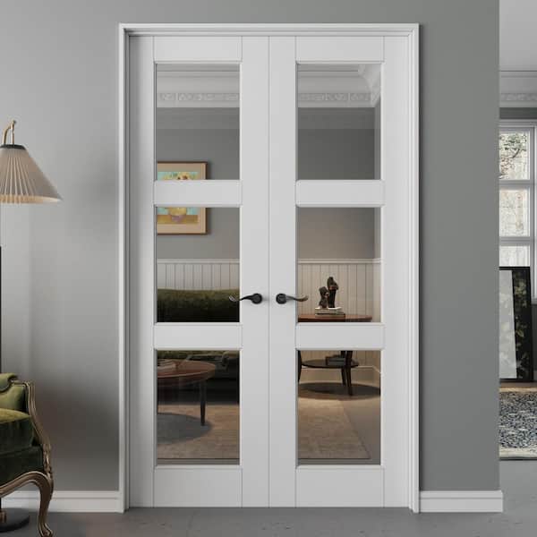 36 in. x 80 in. Universal 3-Lite Clear Glass White Solid Core Glass Double Prehung French Door + Quick Assemble Jamb