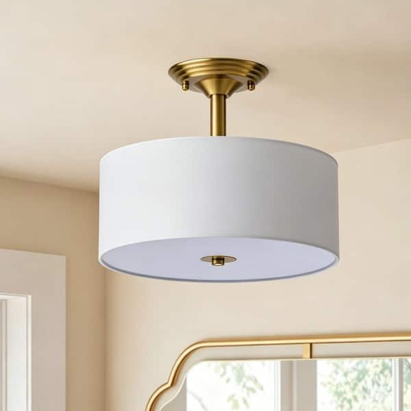 13 in. 2-Light Antique Brass Semi-Flush Mount Light with Fabric Drum Shade