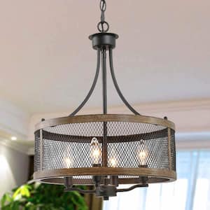 Black Drum Chandelier 4-Light Candlestick Dark Brown Farmhouse Round Pendant with Open Cage Frame and Wood Accent