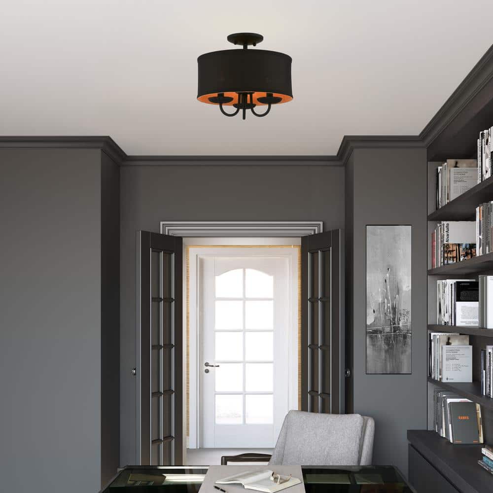 Transitional Black Glass Drum Semi-Flush Mount with Silky Orange Accent