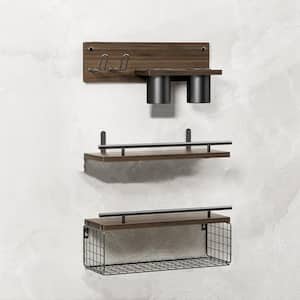 15.7 in. W x 6 in. D Brown Decorative Wall Shelf with Hair Dryer Holder, Bathroom Floating Shelves(Set of 3)