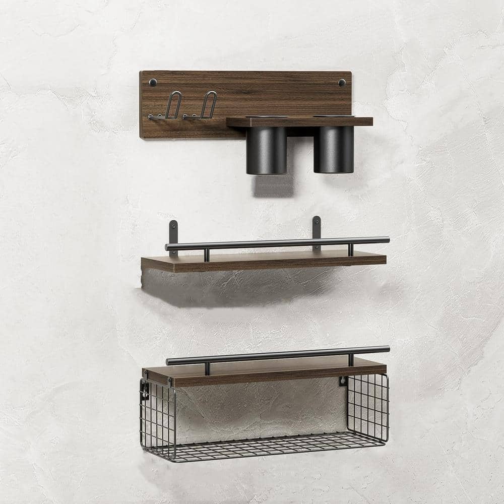15.7 in. W x 6 in. D Brown Decorative Wall Shelf with Hair Dryer Holder, Ba