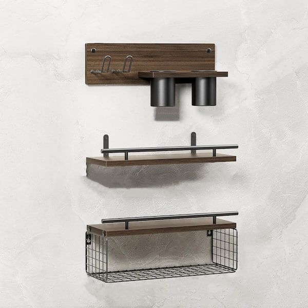 Unbranded 15.7 in. W x 6 in. D Brown Decorative Wall Shelf with Hair Dryer Holder, Bathroom Floating Shelves(Set of 3)