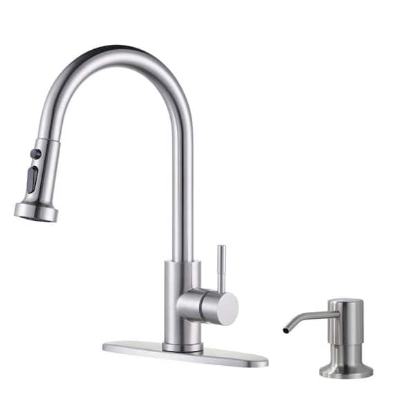Single Handle Pull Down Sprayer Kitchen Faucet with 3-Modes Advanced Spray and Soap Dispenser in Brushed Nickel