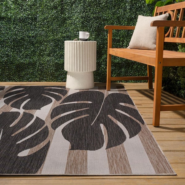 JONATHAN Y Allison Classic Beach Stripe and Monstera Leaf Black